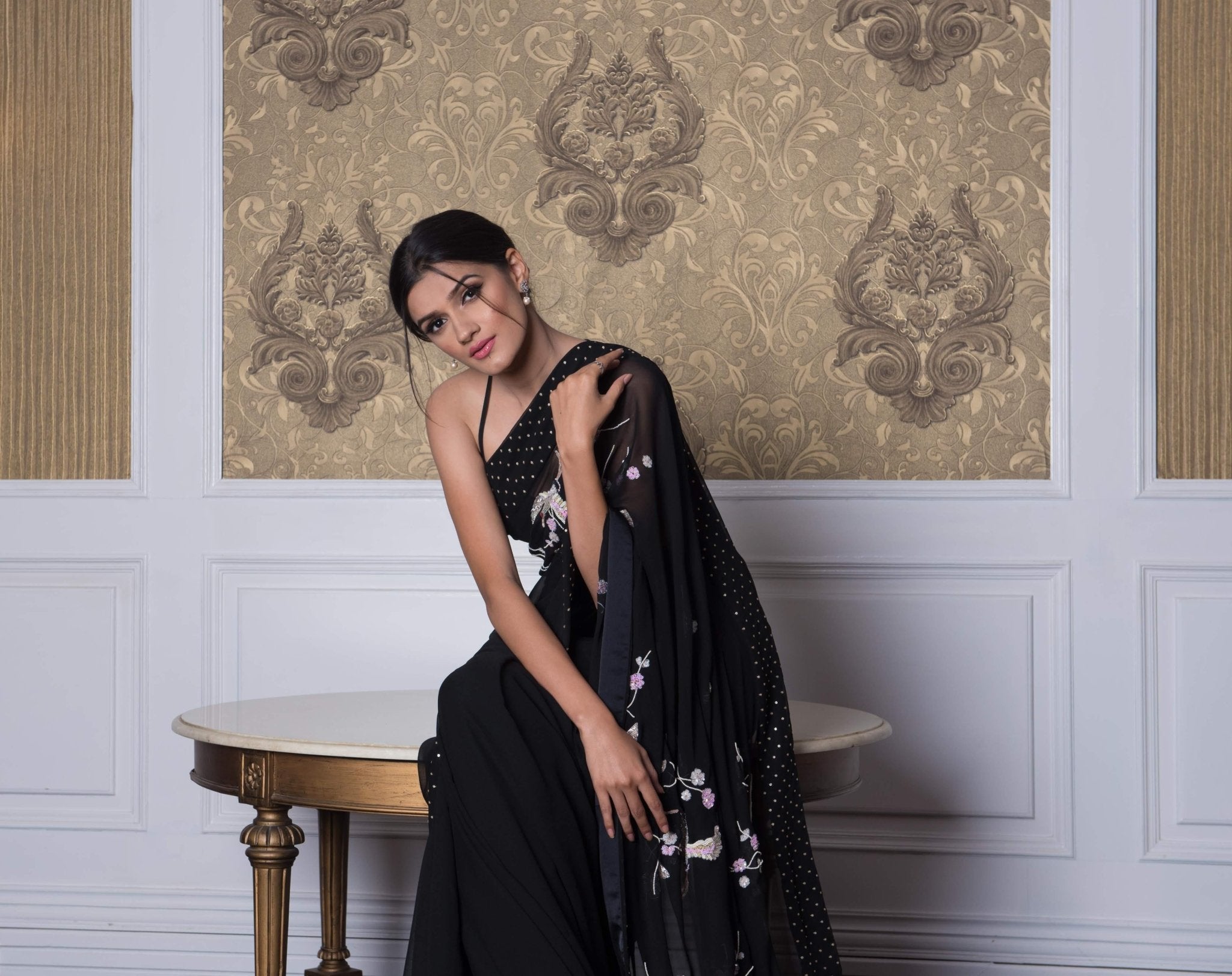 Black flamingo embroidered saree and blouse set - Sohni