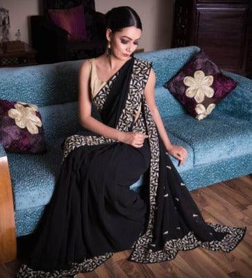 Black georgette mosaic pattern saree with blouse piece - Sohni