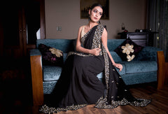 Black georgette mosaic pattern saree with blouse piece - Sohni