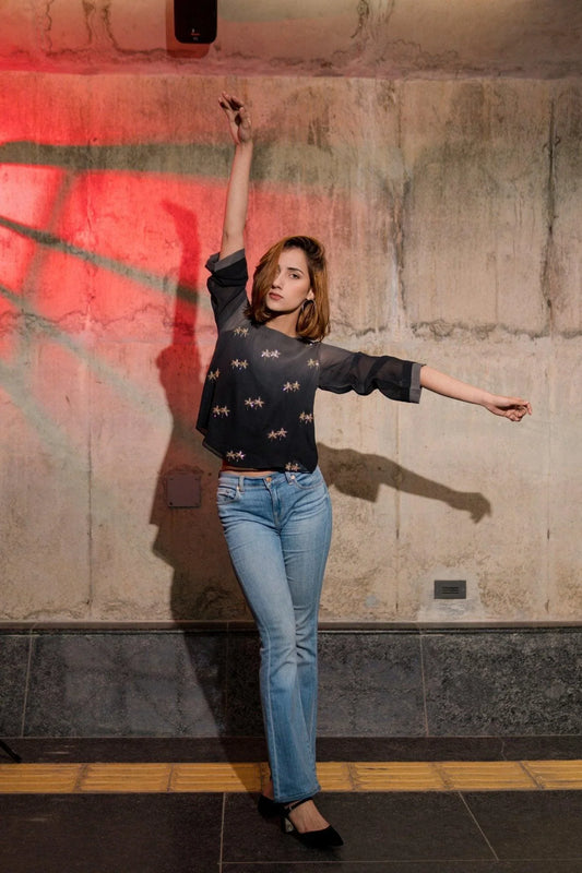 Black grey ombré palm tree embroidery top - Sohni