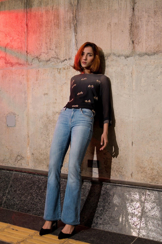 Black grey ombré palm tree embroidery top - Sohni