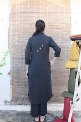 Black handloom shirt kurta and pants set with dori booti and mirrors embroidery - Sohni