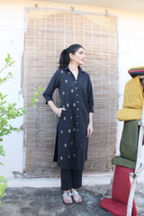Black handloom shirt kurta and pants set with dori booti and mirrors embroidery - Sohni