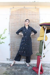 Black handloom shirt kurta and pants set with dori booti and mirrors embroidery - Sohni