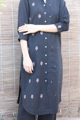 Black handloom shirt kurta and pants set with dori booti and mirrors embroidery - Sohni