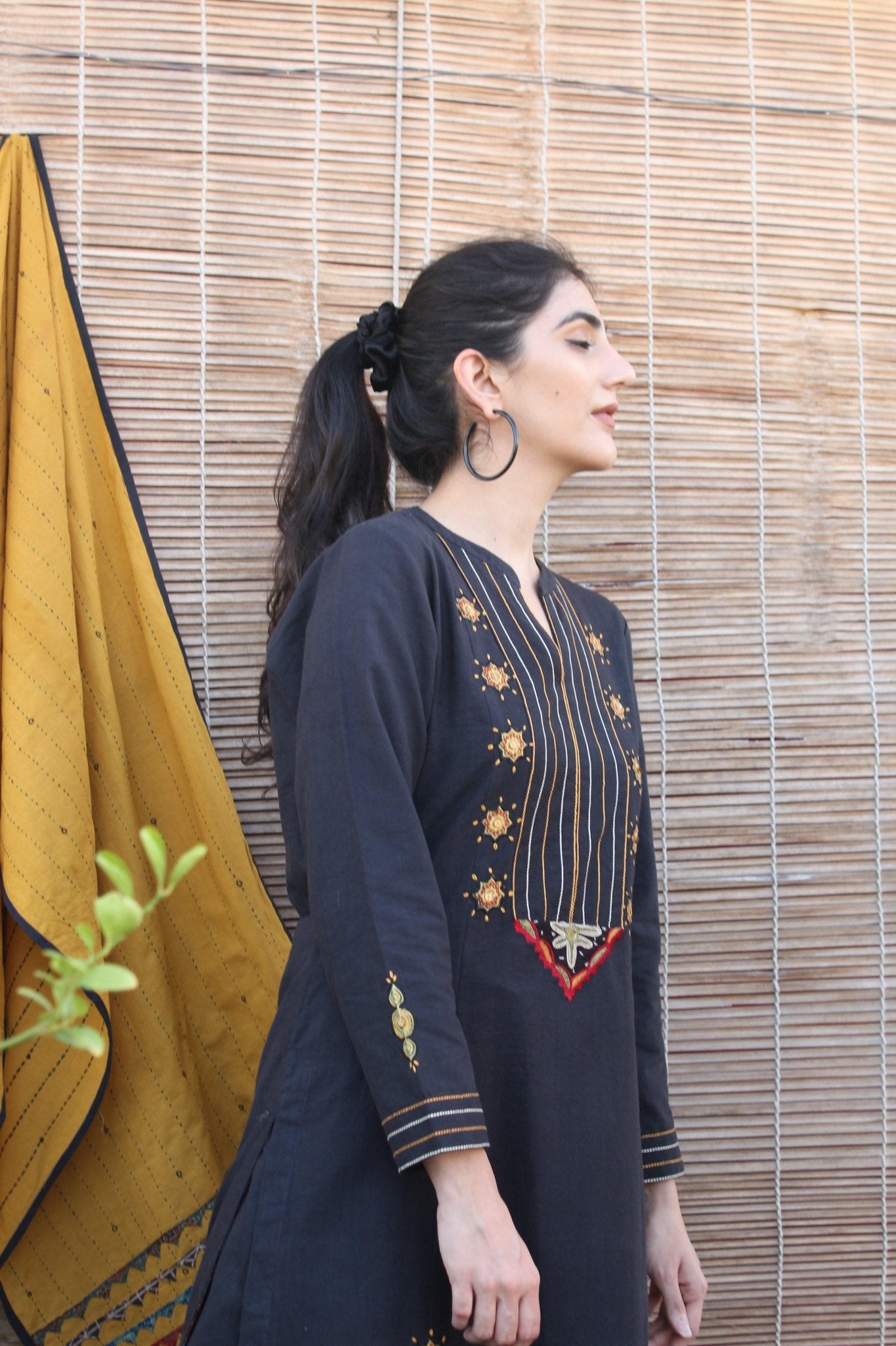 Black khadi kurta and pants set with Kutch embroidery and print appliqué - Sohni