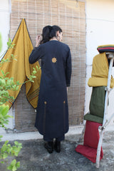 Black khadi kurta and pants set with Kutch embroidery and print appliqué - Sohni