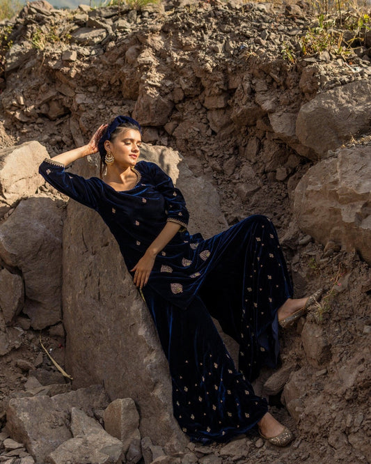 Blue velvet short kurta and sharara set with silk dupatta - Sohni