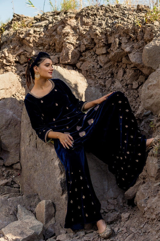 Blue velvet short kurta and sharara set with silk dupatta - Sohni