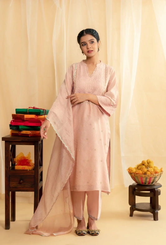 Blush chikankari yoke tissue chanderi kurta set - Sohni