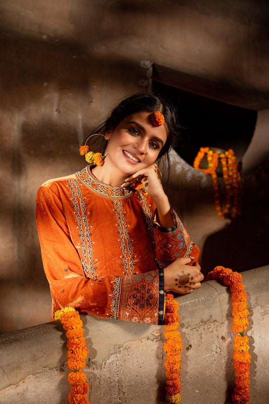 Burnt orange silk velvet kurta with hand embroidery - Sohni