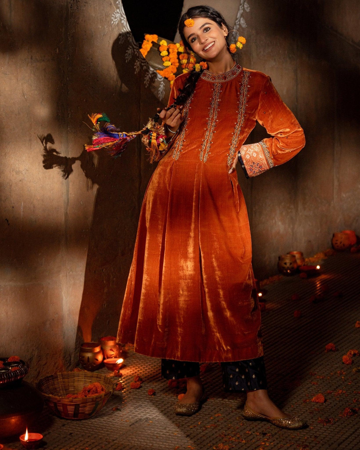 Burnt orange silk velvet kurta with hand embroidery - Sohni