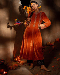 Burnt orange silk velvet kurta with hand embroidery - Sohni