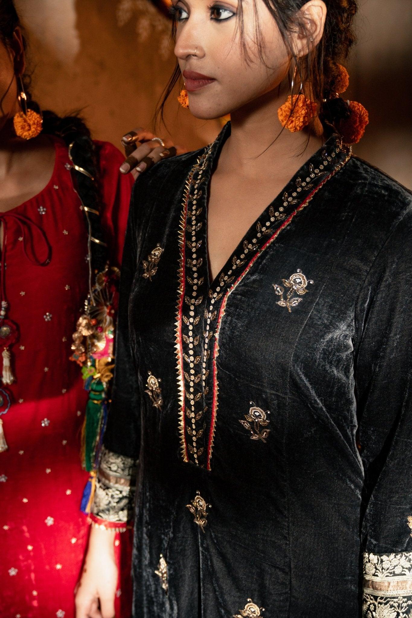 Charcoal grey mughalembroidery silk velvet kurta - Sohni