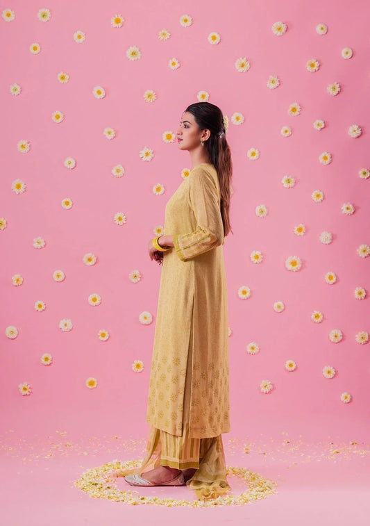 Chartreuse Block Print Georgette Suit Set With Mukaish - Sohni