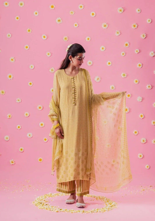 Chartreuse Block Print Georgette Suit Set With Mukaish - Sohni