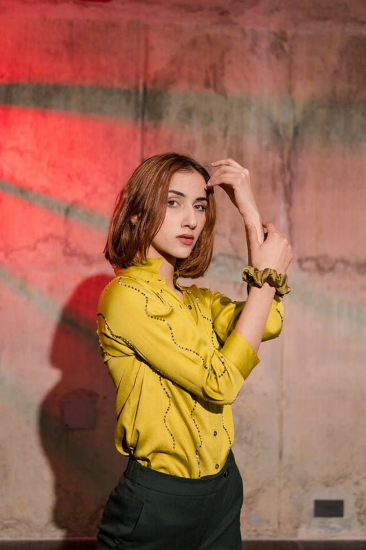 Chartreuse metallic waves embroidery shirt - Sohni