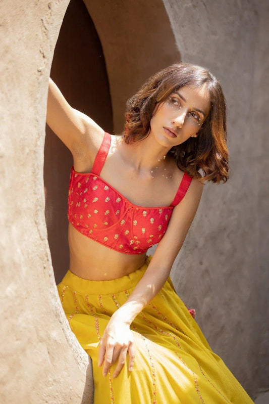 Chartreuse Nadia Lehenga With Shot Silk Corset Blouse And Organza Dupatta - Sohni