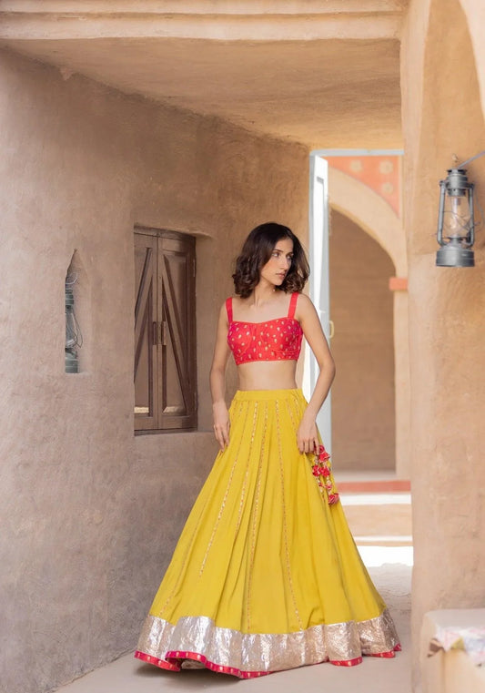 Chartreuse Nadia Lehenga With Shot Silk Corset Blouse And Organza Dupatta - Sohni