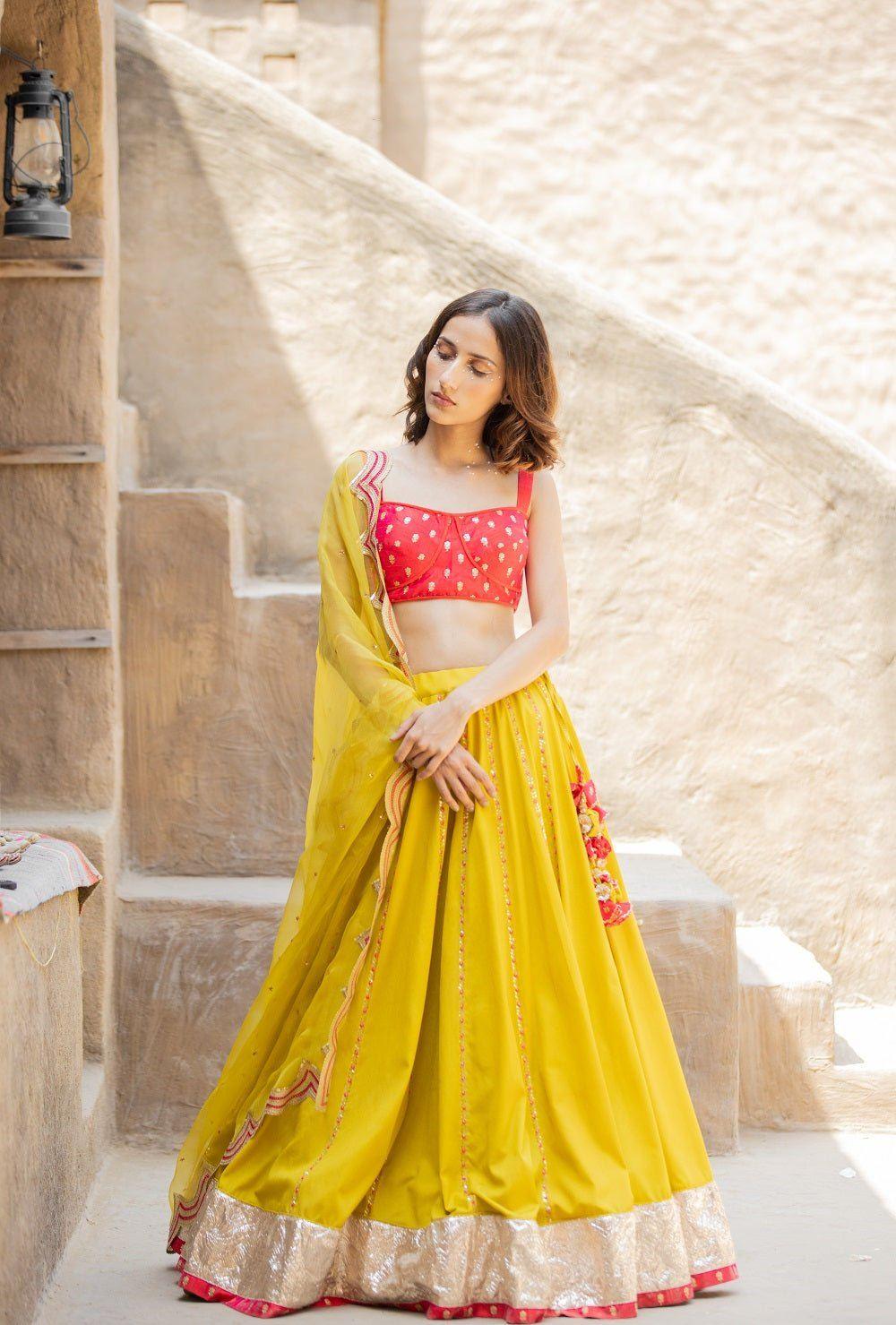 Lime Yellow Lehenga with Floral Sequins | Seema Gujral – KYNAH