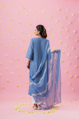 Cornflower blue handloom cotton angrakha kurta with dori embroidery - Sohni