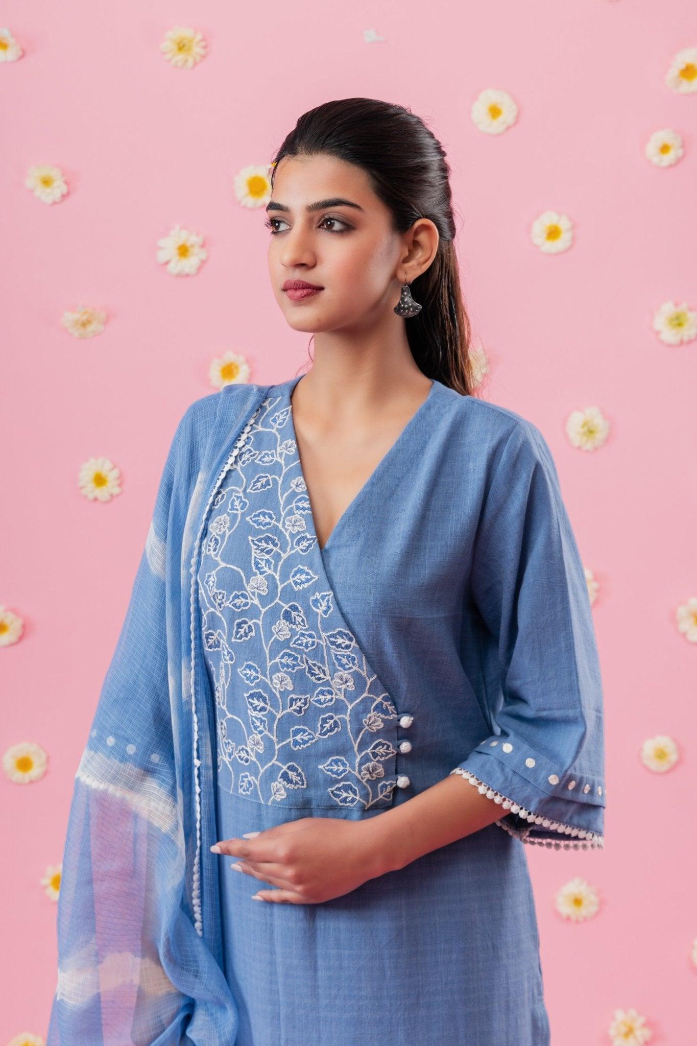 Cornflower blue handloom cotton angrakha kurta with dori embroidery - Sohni