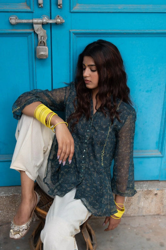 Deep indigo kota ajrakh print kalidaar top - Sohni