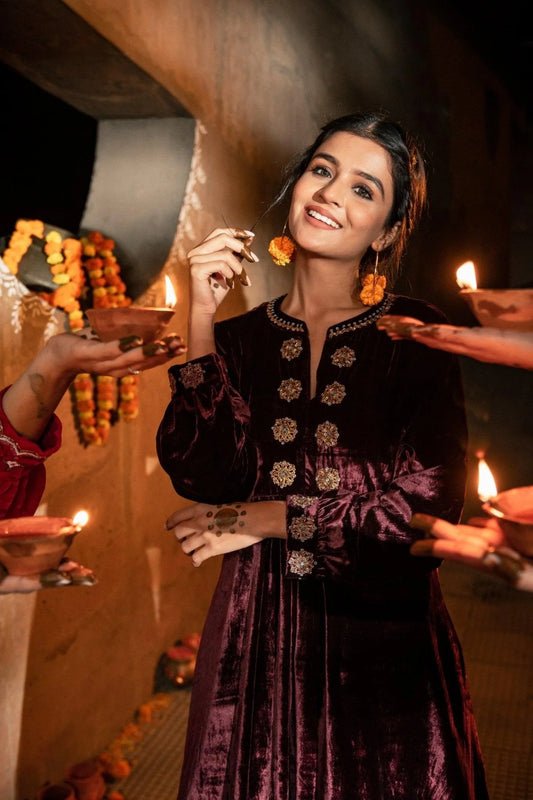 Deep purple pleated silk velvet kurta with hand embroidered motifs - Sohni