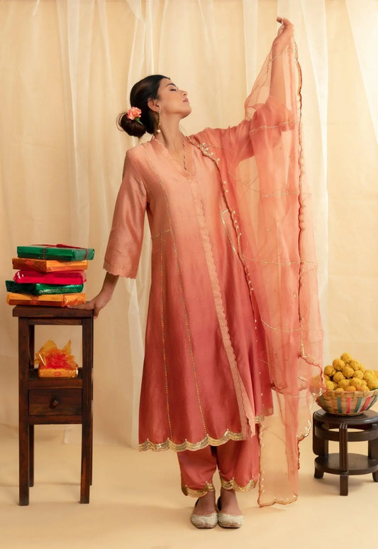 Dusty coral scallops embroidery chanderi kurta, salwar with organza dupatta - Sohni
