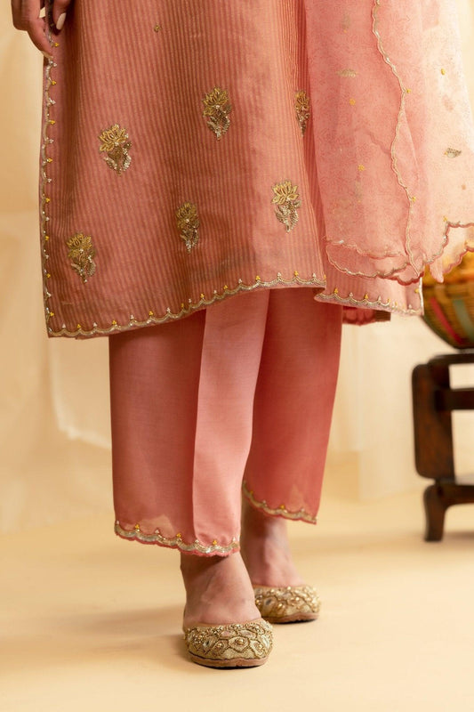 Dusty coral striped tissue chanderi kurta with salwar and organza dupatta - Sohni