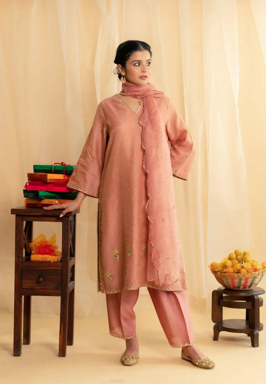 Dusty coral striped tissue chanderi kurta with salwar and organza dupatta - Sohni