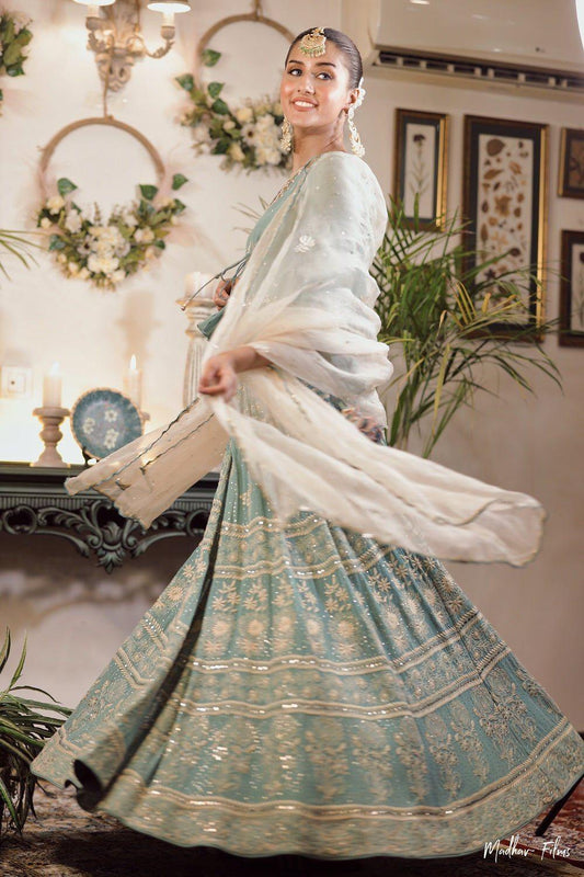 Eggshell Green Chikankari Lehenga With Angrakha Blouse And Organza Dupatta - Sohni