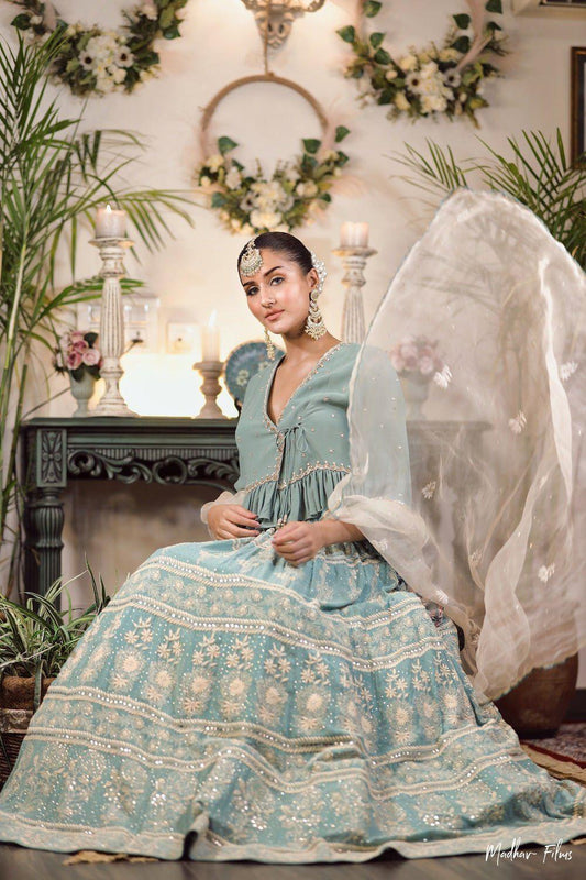 Eggshell Green Chikankari Lehenga With Angrakha Blouse And Organza Dupatta - Sohni