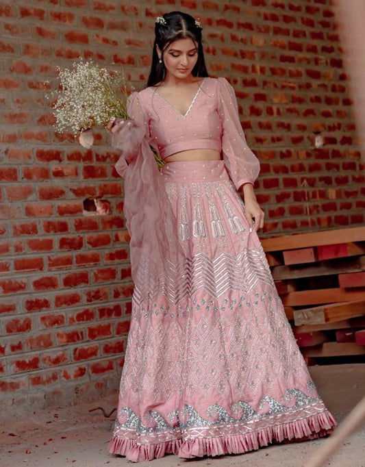 Pink waves and chevron embroidery silk lehnga set with net dupatta - Sohni