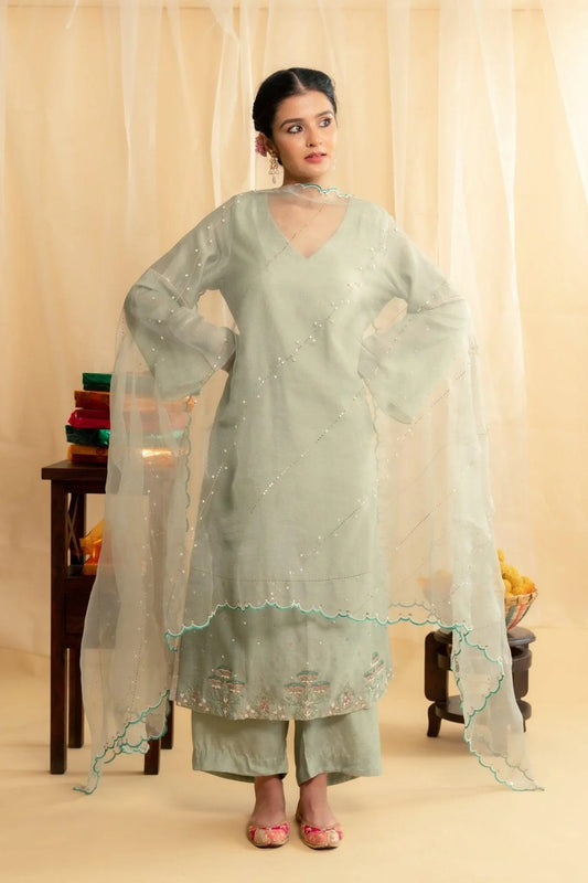Green tissue chanderi mughal boota kurta with palazzos and organza dupatta - Sohni