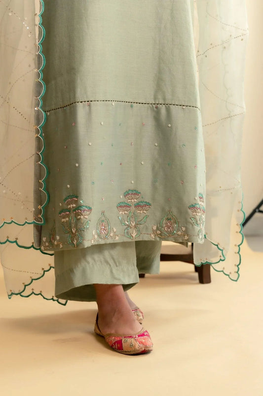 Green tissue chanderi mughal boota kurta with palazzos and organza dupatta - Sohni