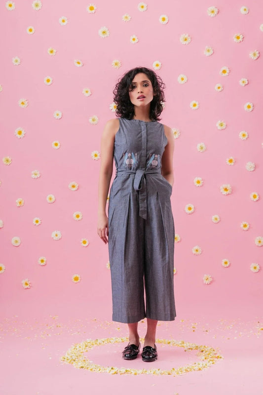 Grey Chambray Jumpsuit With Birds Embroidery - Sohni