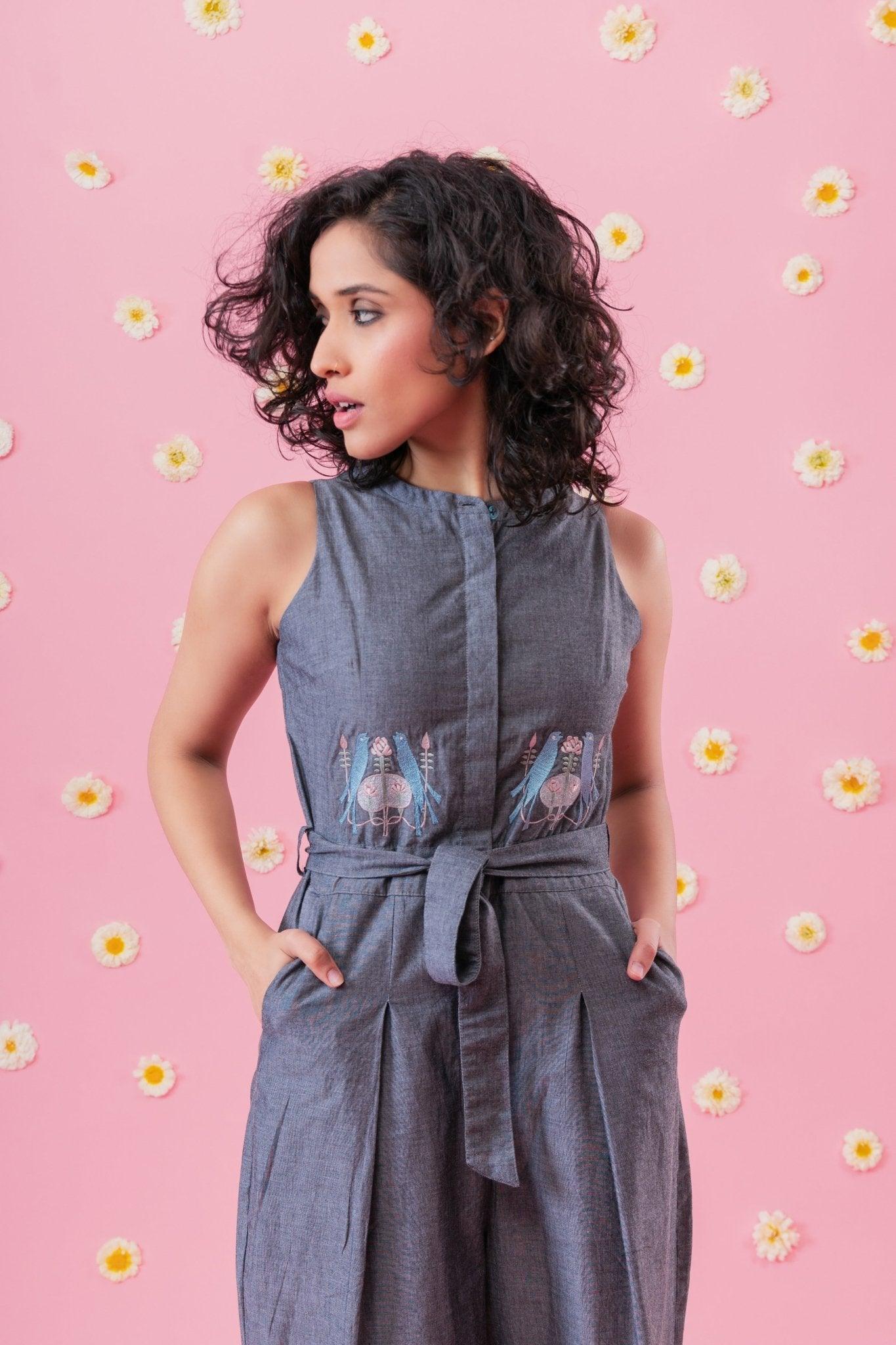 Grey Chambray Jumpsuit With Birds Embroidery - Sohni