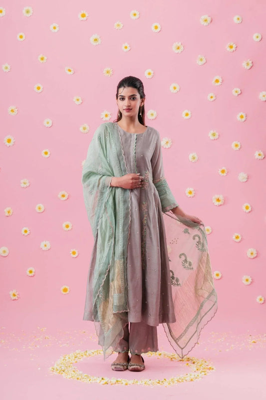 Grey chanderi A line kurta with pleated panels, taffeta palazzos and chikankari dupatta set - Sohni