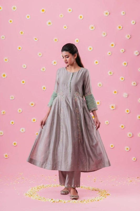 Grey chanderi A line kurta with pleated panels, taffeta palazzos and chikankari dupatta set - Sohni