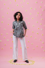 Grey handloom top with floral embroidery - Sohni