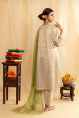 Grey striped tissue chanderi kalidaar kurta with straight salwar and green chikankari dupatta <br data-mce-fragment="1"> - Sohni