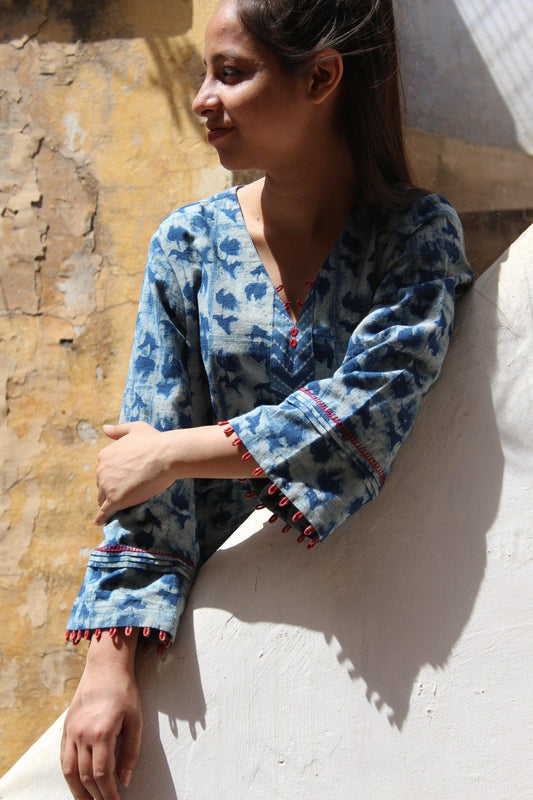 Indigo akola print slub cotton dress with side pleats - Sohni