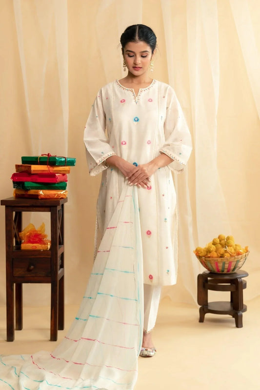 Ivory minakari booti Banarasi chanderi&nbsp;panelled kurta, salwar with lehriya dupatta - Sohni