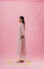 Ivory pink brown stripes cotton kurta with mirrors detail - Sohni