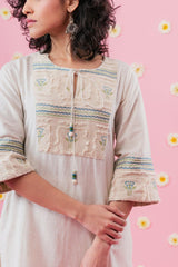 Ivory slub cotton coord set with embroidered jute yoke with pants - Sohni