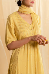 Lemon yellow hand embroidered modal kurta set with scalloped lurex dupatta - Sohni
