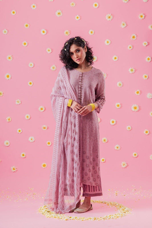 Mauve Block Print Georgette Suit Set With Mukaish - Sohni