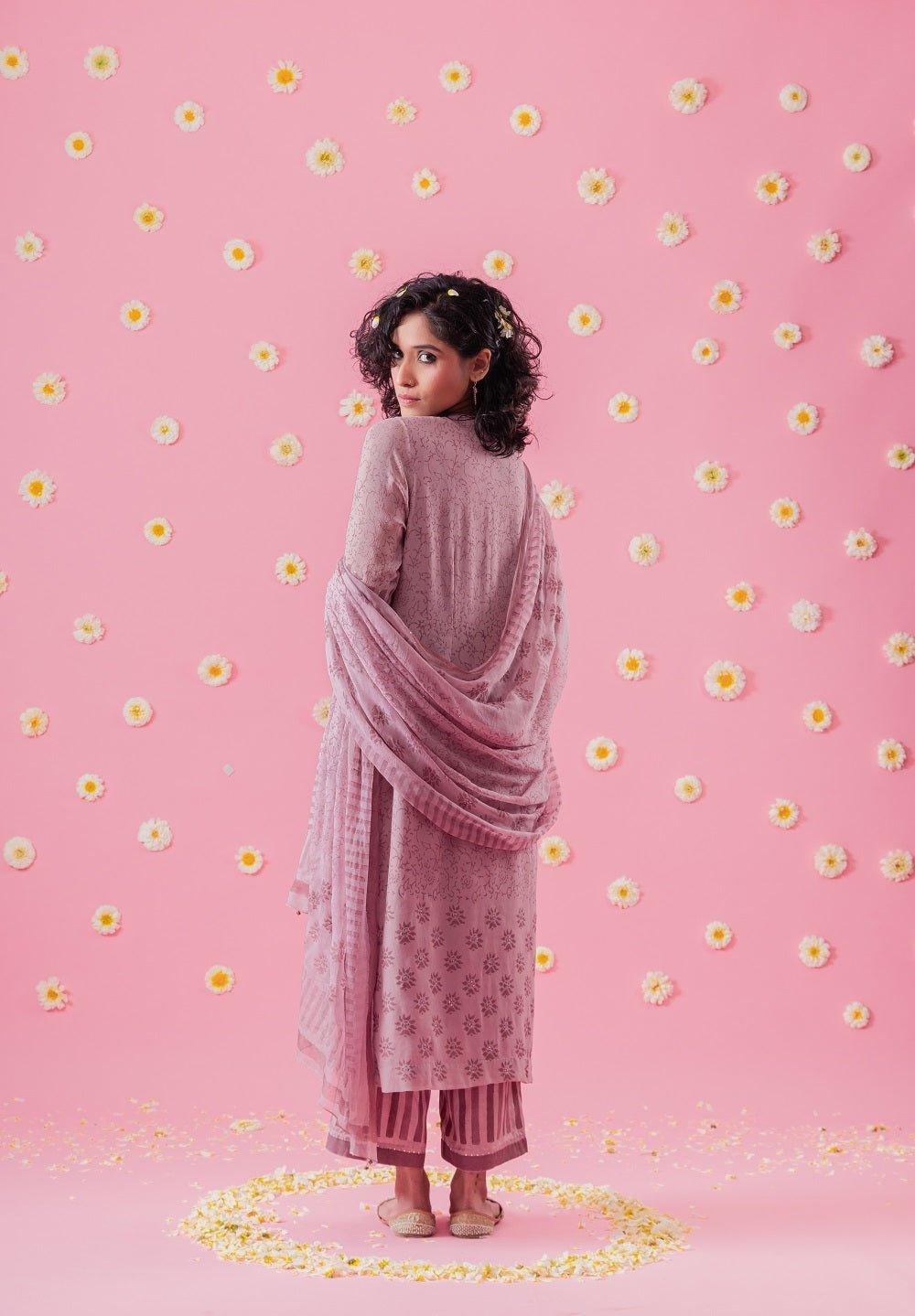 Mauve Block Print Georgette Suit Set With Mukaish - Sohni