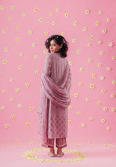 Mauve Block Print Georgette Suit Set With Mukaish - Sohni